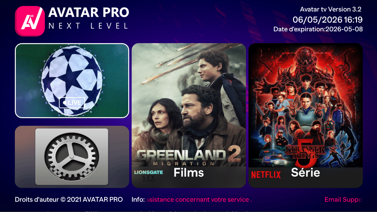 Interface Avatar Pro IPTV pour activation avec Code Avatar Pro